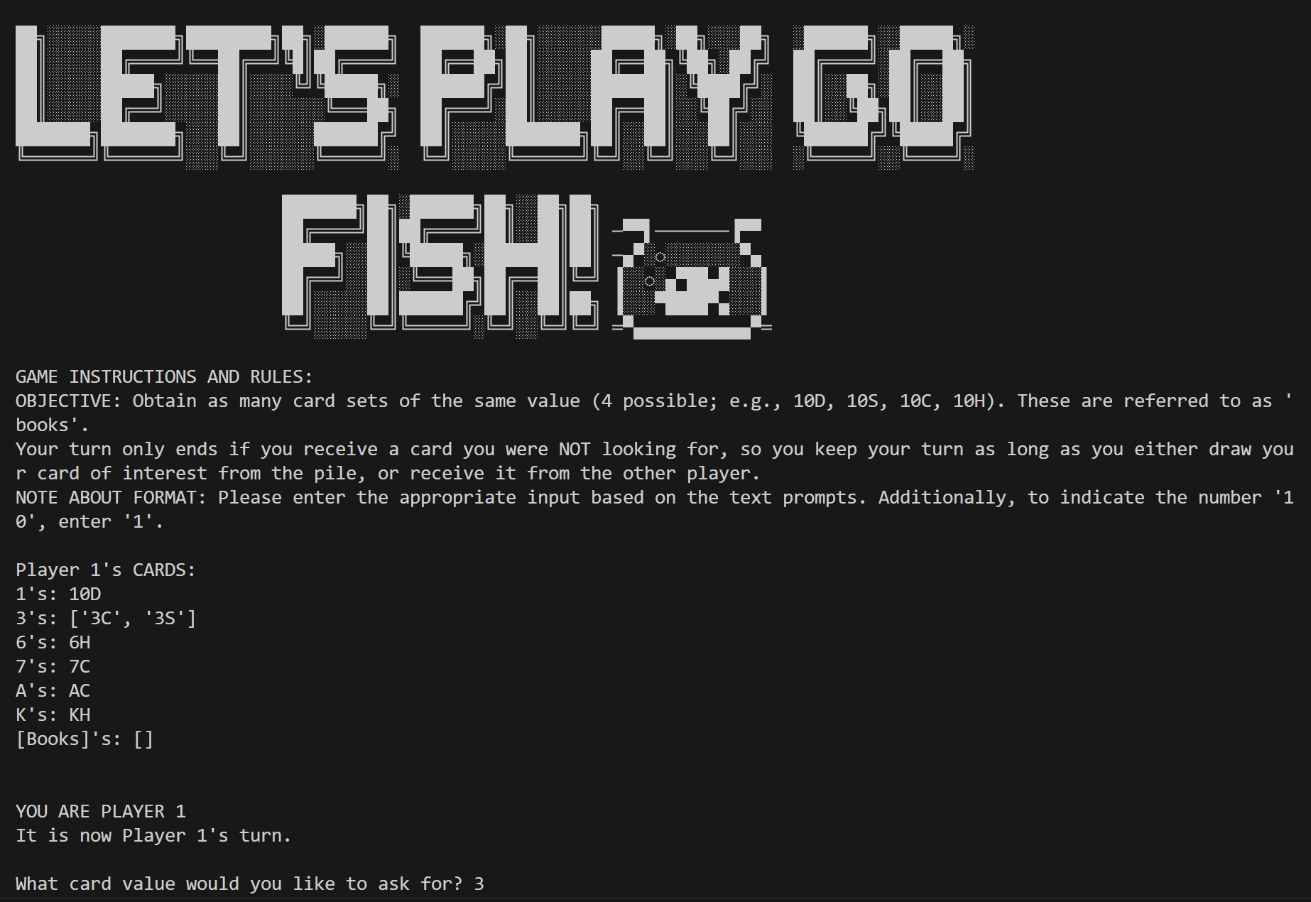 Screenshot of text-based go fish card game being ran in VS Code.